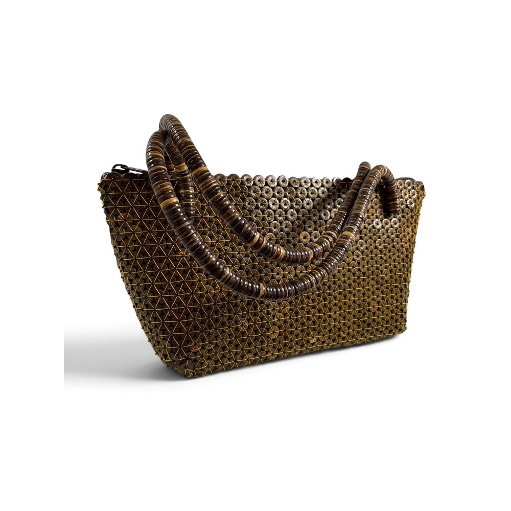 Y2K Handmade Coconut Shell Beaded Boho Handbag Artisan Crafted Brown Tote Purse